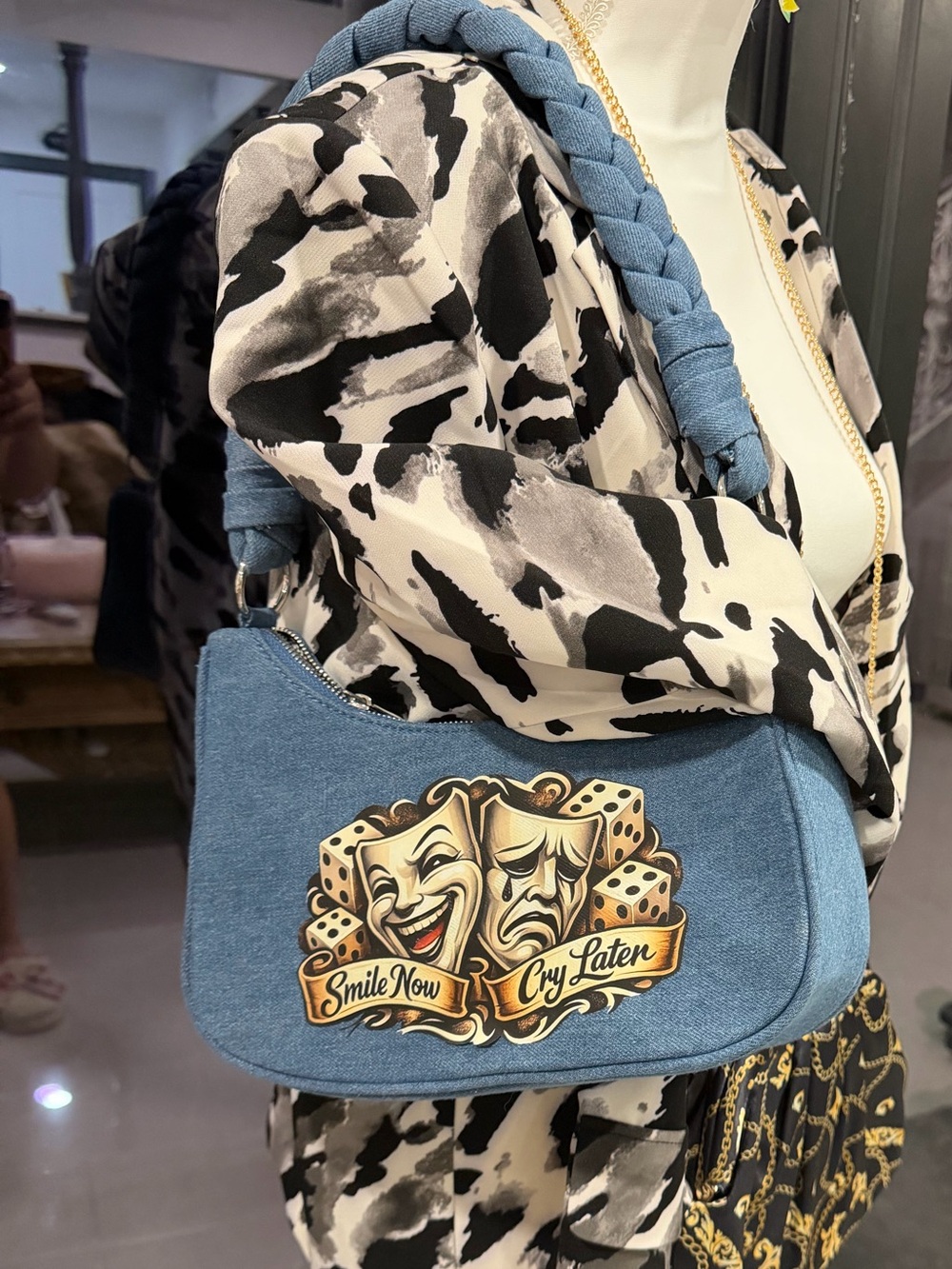 Denim Blue Braided-Handle Shoulder Bag with Theatrical Applique